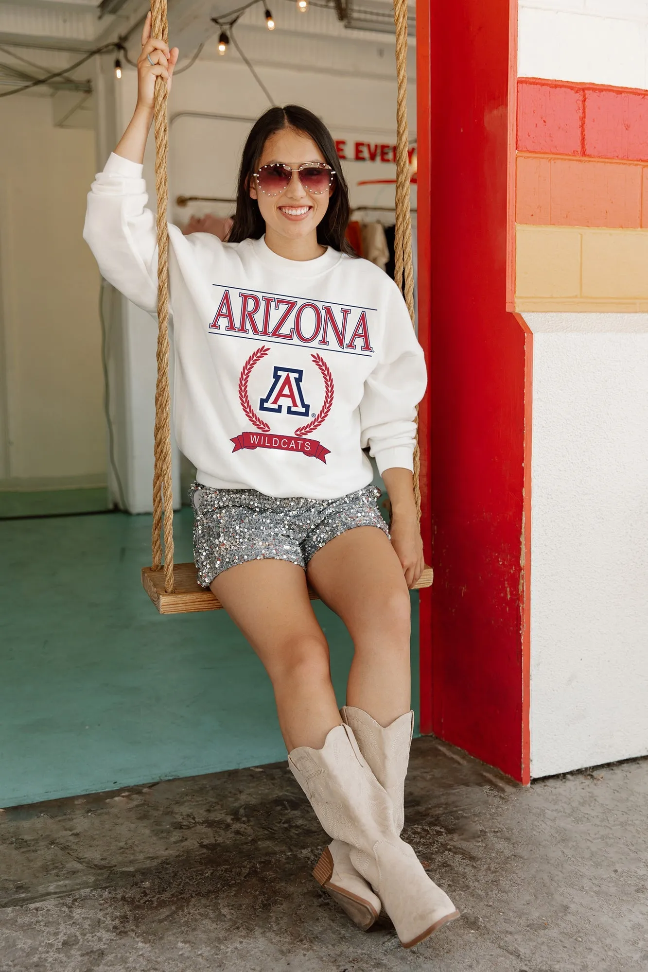 ARIZONA WILDCATS HAVING A BALL PREMIUM FLEECE DROP SHOULDER CREWNECK PULLOVER BY MADI PREWETT TROUTT