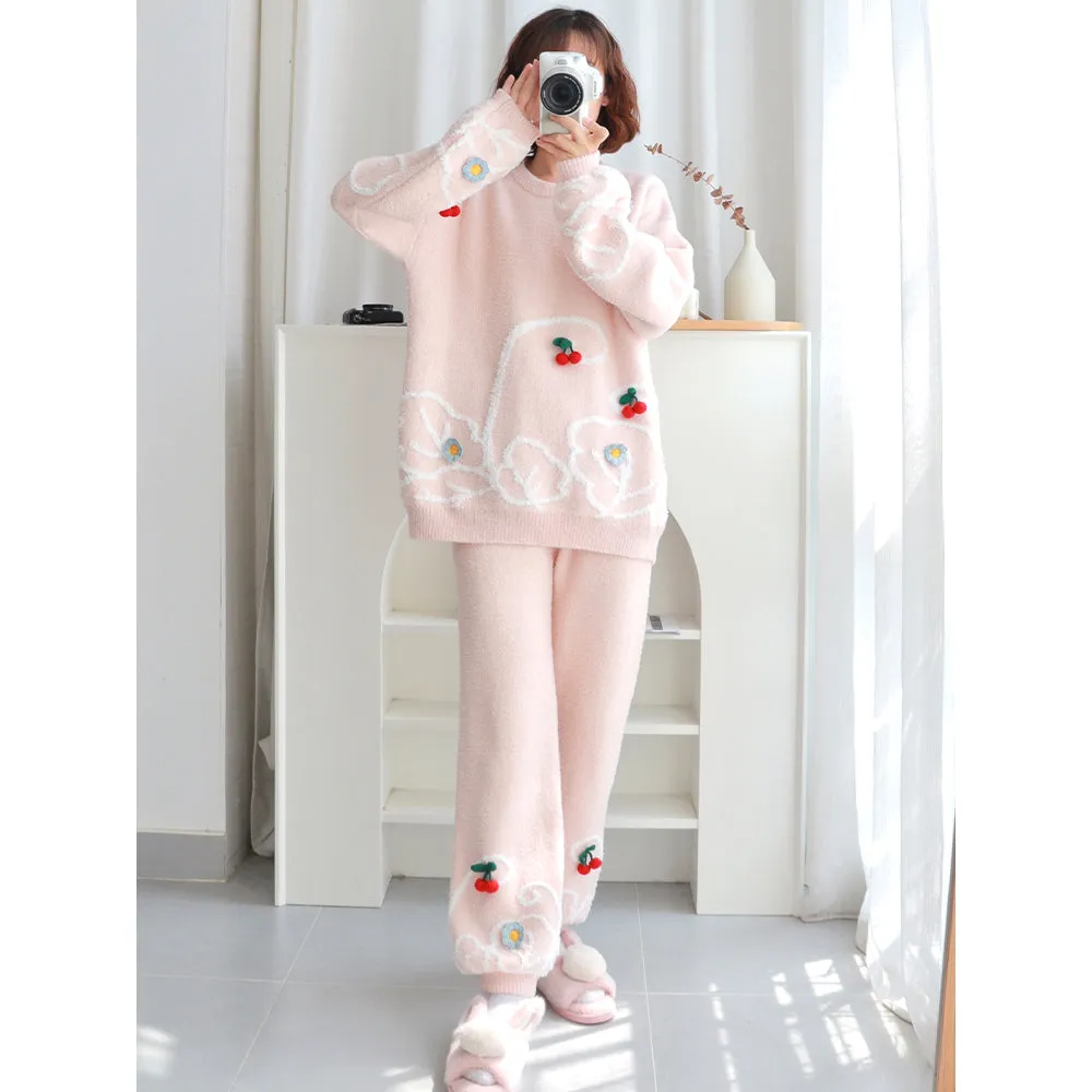 Cherry Pattern Round Neck Pink Pajama Set