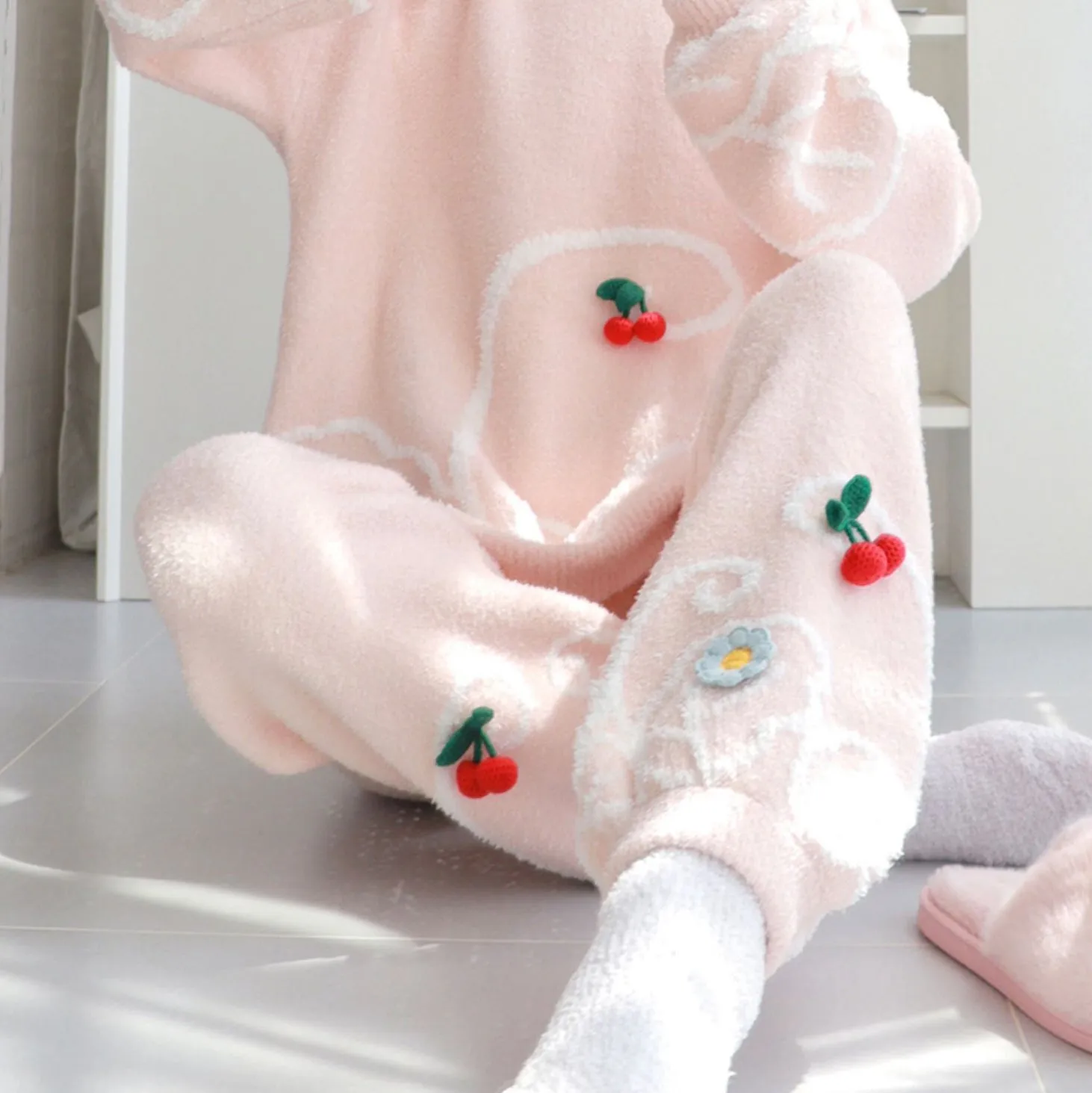 Cherry Pattern Round Neck Pink Pajama Set