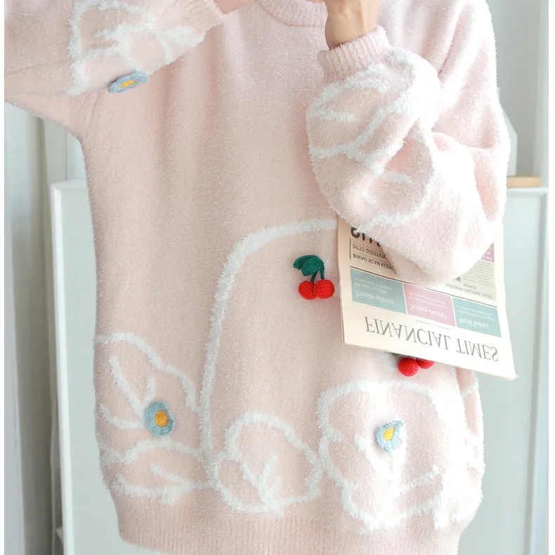 Cherry Pattern Round Neck Pink Pajama Set
