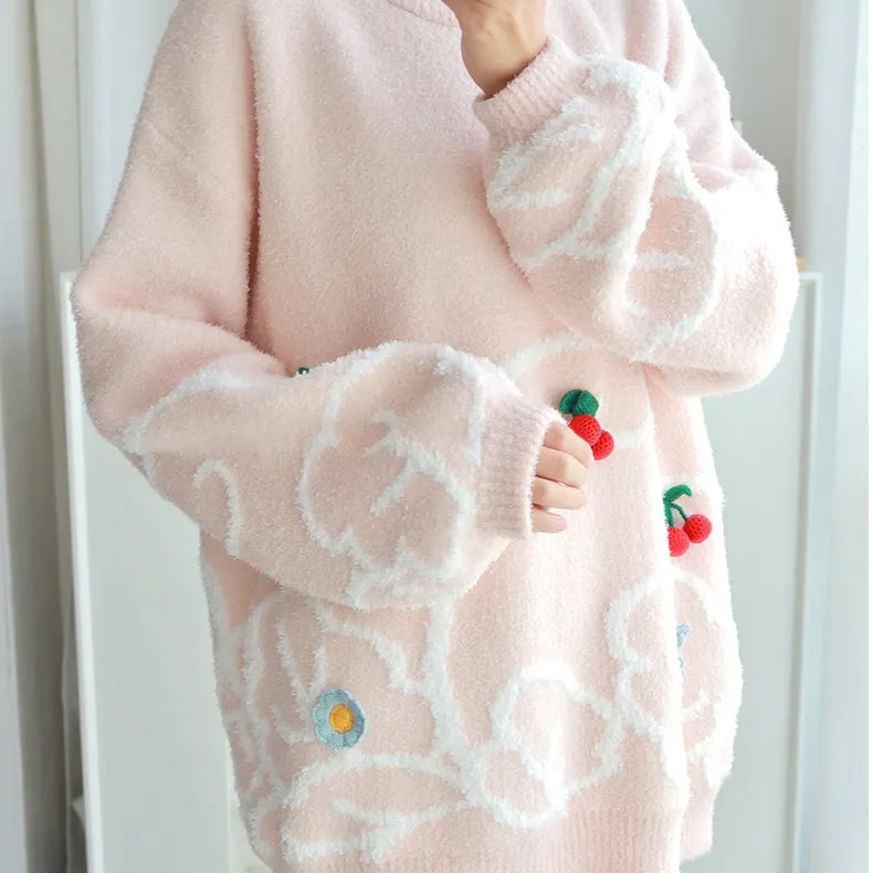 Cherry Pattern Round Neck Pink Pajama Set