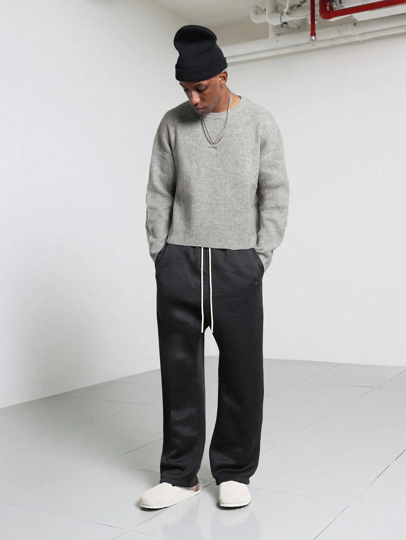 Cropped Crew Neck Rib Sweater