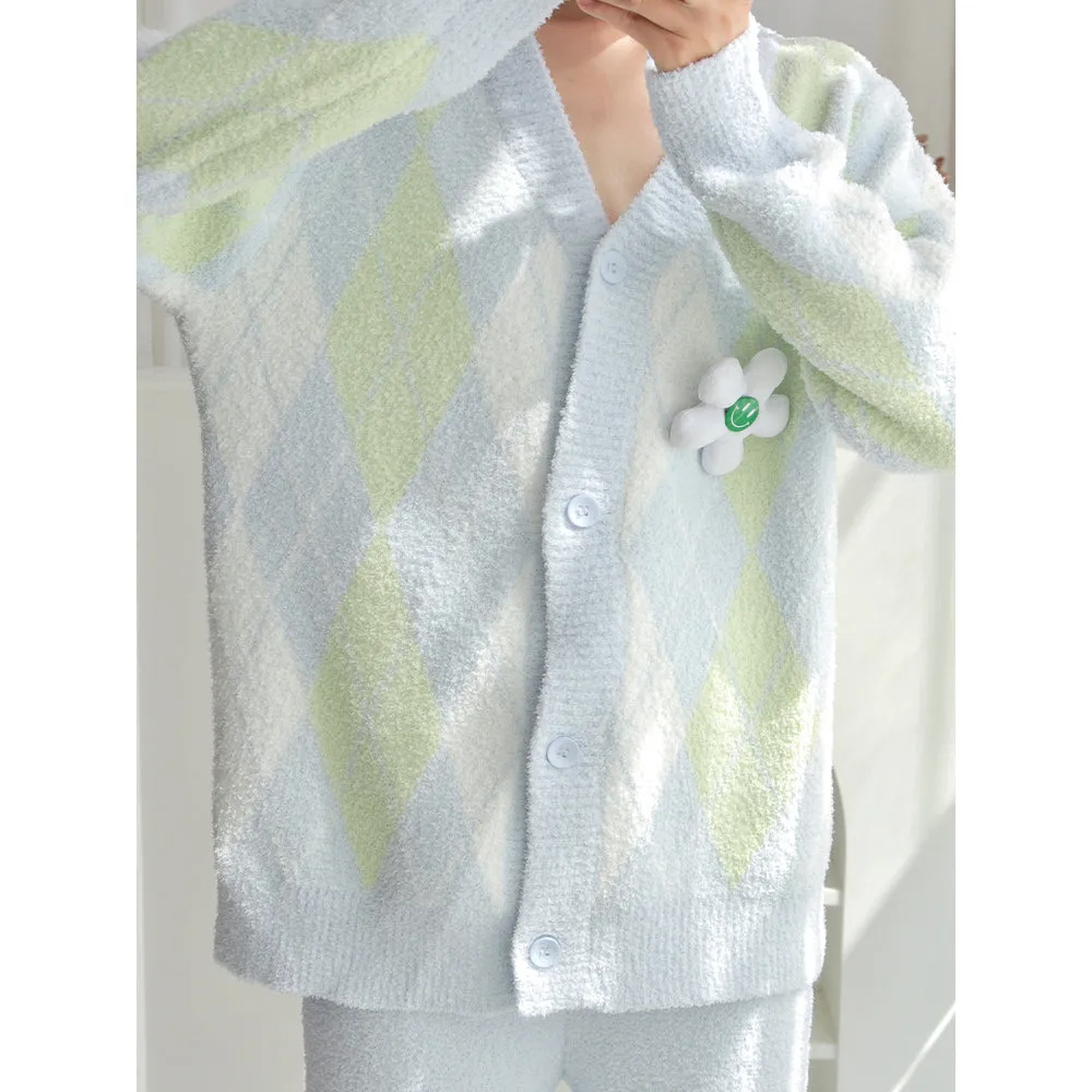 Diamond Pattern Floral Decoration V-neck Button-up Pajama Set