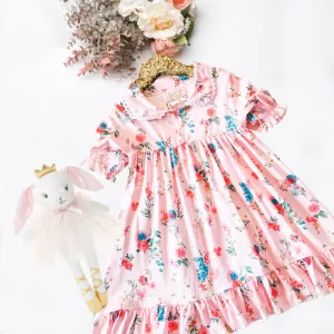 Girls Vintage Night Gowns - Pink with Blue & Coral Floral - Short Sleeve