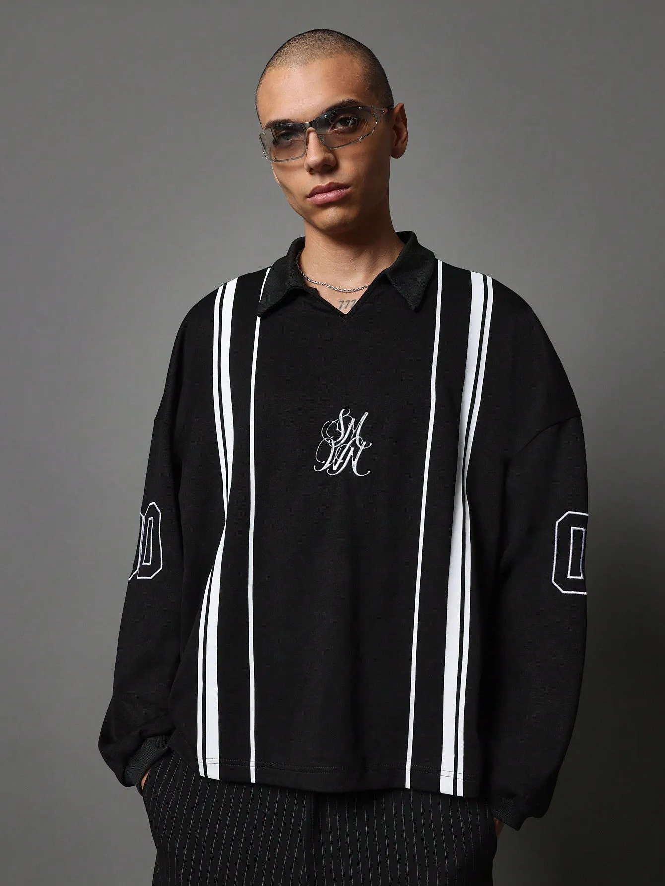 Regular Fit Polo Sweatshirt With Front & Back Embroidered Applique