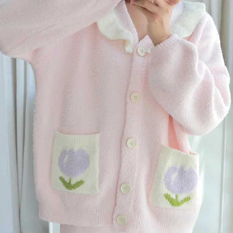 Tulip Pattern Pocket Button-up Lapel Winter Pajama Set