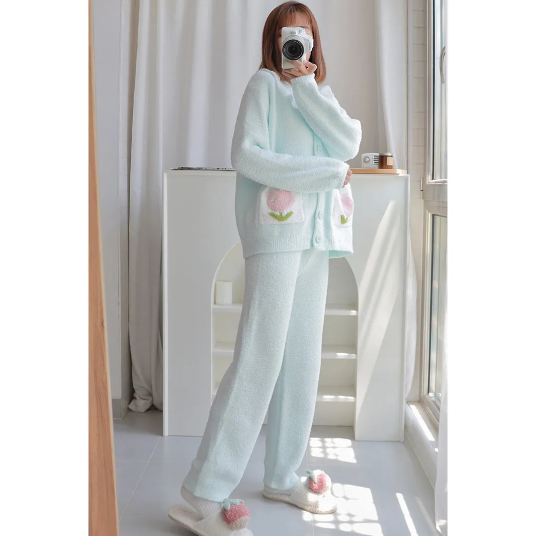 Tulip Pattern Pocket Button-up Lapel Winter Pajama Set