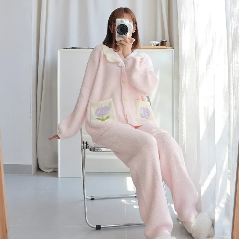 Tulip Pattern Pocket Button-up Lapel Winter Pajama Set