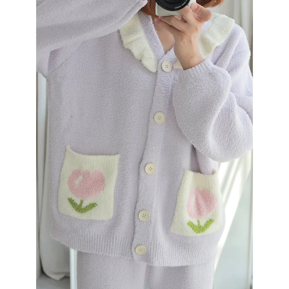 Tulip Pattern Pocket Button-up Lapel Winter Pajama Set