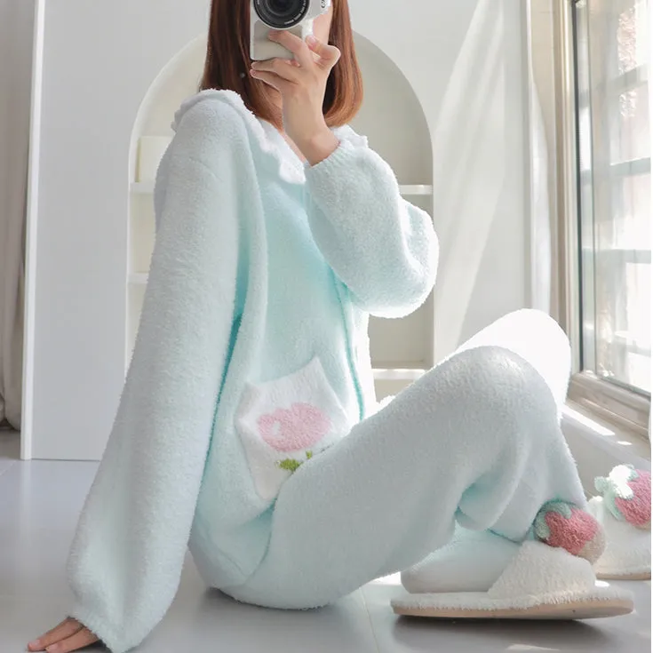 Tulip Pattern Pocket Button-up Lapel Winter Pajama Set
