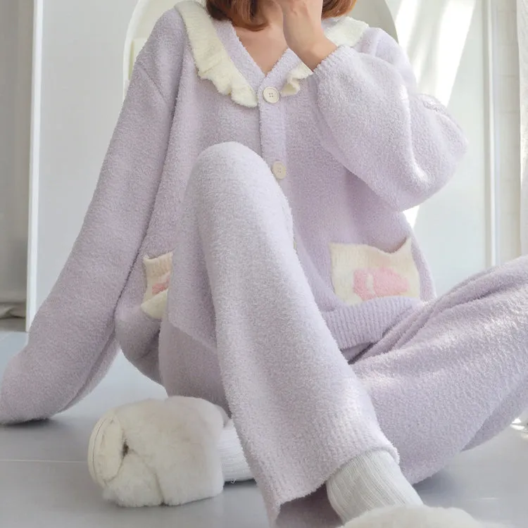 Tulip Pattern Pocket Button-up Lapel Winter Pajama Set