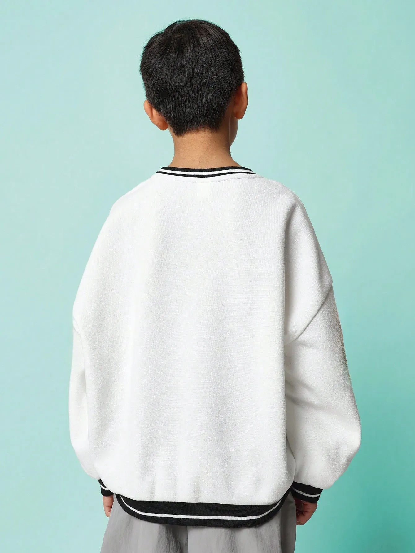 Tween Boys Comfy Regular Fit Sweatshirt With Large Graphic Print, Stripe Cuff & Hem