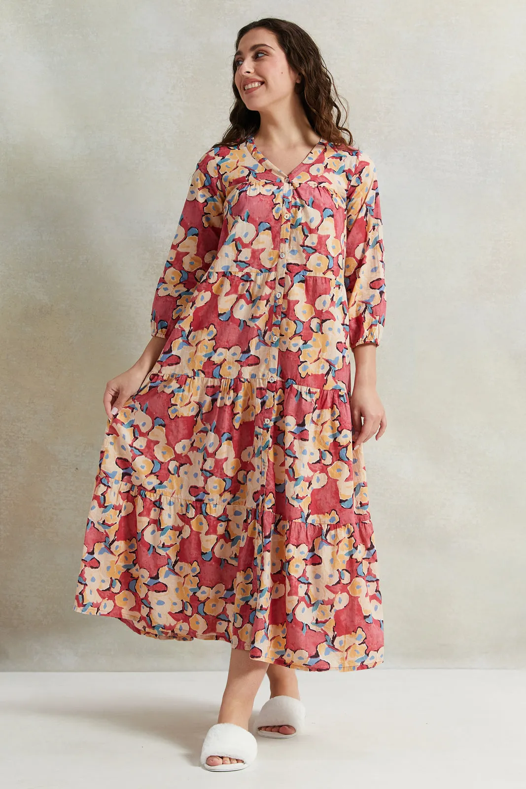 Women Pink Tier Embroidery Nightgown